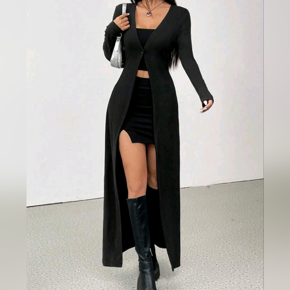 Stylish Black Long Cardigan and Dress Set